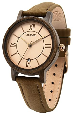 Zeitholz Holzuhr Damen, Armbanduhr, Lederband Blau, Analog, Quarz, Neue Rosenbach Kollektion 36mm, Naturholz mit Japanischem Quarzwerk. Eine Aussergewöhnlich Vielseitige Damenuhr