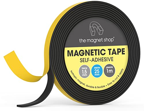 TMS Nastro Magnetico Autoadesivo | Strisce magnetiche con retro adesivo | 25 mm di Larghezza, 1,5 mm di Spessore - Sottile e Flessibile | Supporto Adesivo Facile da Staccare (1m)