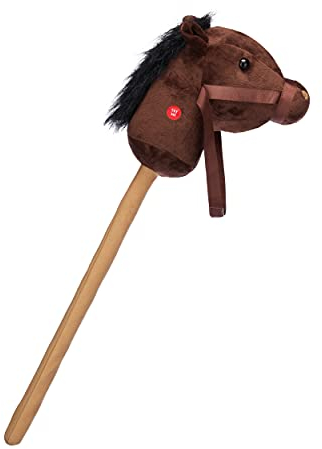 Relaxdays Steckenpferd Kinder, mit Sound, aus Holz & Plüsch, niedliches Stockpferd, Wiehern & Hufgetrappel, 67 cm, braun