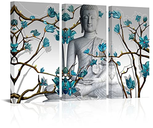 Visual Art Decor 3 Stück Buddha Wandkunst Buddha Statue mit Abstrakten blauen Blumen Gemälde Leinwanddrucke für Wohnzimmer Schlafzimmer Büro Großes Bild Dekoration (01 Buddha)