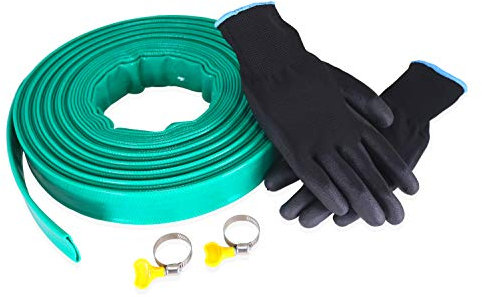Swoote 20m x 25mm Diameter Layflat PVC Discharge Hose Pipe Green with 2 Clips and Nitrile Gardening Gloves - Compatible with Submersible Water Pump for Draining Pond, Hot Tub, Swimming Pool or Sump