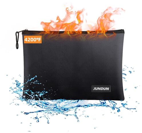 JUNDUN Fireproof Document Bags,14.2”x 10.0”Waterproof and Fireproof Money Bag with Aluminum Foil Lining,Fireproof Safe Storage Pouch with Zipper for Document and Cash，Black