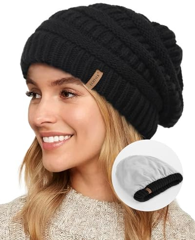 FURTALK Knit Beanie Hat for Ladies Fleece Line Ski Skull Cap Slouchy Winter Hats for Women Black