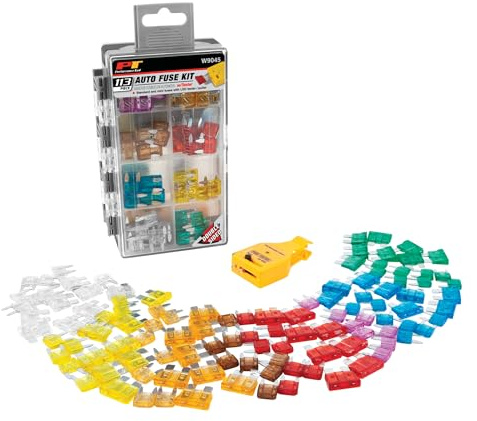 Performance Tool W9045 Automotive Fuse Kit Set with Tester | Clear Flip Case for Easy Storage | 5A, 10A, 15A, 20A, 25A, 30A, 3A and 7.5A | Blade Fuse Set | 113pc
