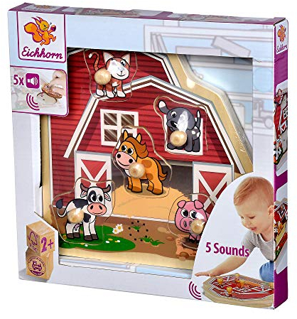 Eichhorn - Puzzle mit Sound - Bauernhof Steckpuzzle aus FSC 100% zertifiziertem Holz, mit fünf Tiersounds, Katze, Kuh, Pferd, Hund und Schwein, 6 teilig, 25x25 cm groß