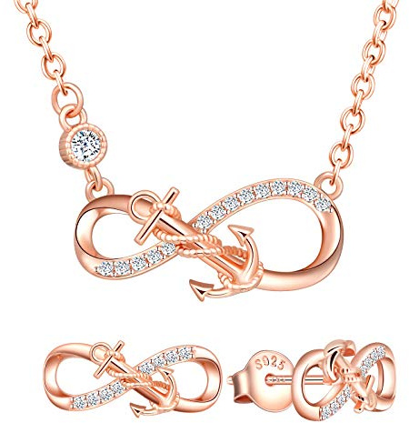 Yumilok Schmuckset Halskette und Ohrringe, Halskette mit Anhänger und Ohrstecker Anker und Unendlichkeitssymbol aus 925er Silber, Schmuck für Damen und Mädchen, Zirkonia
