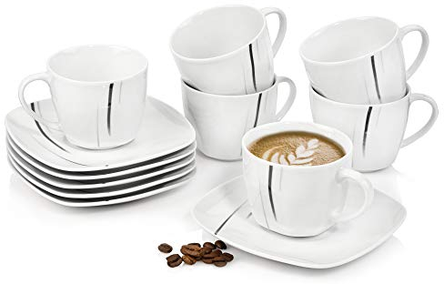 SÄNGER | Kaffeeservice Bilgola Black Lines aus Porzellan, Kaffee Geschirrset für 6 Personen, Tassen & Untersetzer Set, mit Schwarzen Linien 150 ml | PREMIUM COLLECTION