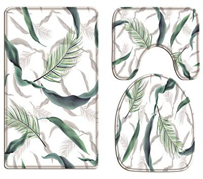 A.Monamour Set Tappeti Bagno 3 Pezzi Completo Foglie Tropicali Colorate Acquerello Botanico Antiscivolo Morbidi Assorbente Lavabile Tappetini per Il Bagno WC Bidet