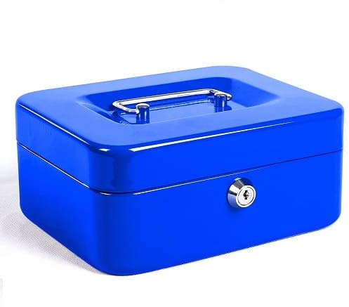CABLEPELADO Caja fuerte metalica portatil caudales - objetos valiosos - billetes - caja monedas - transporte seguro - tamaño pequeña - color azul