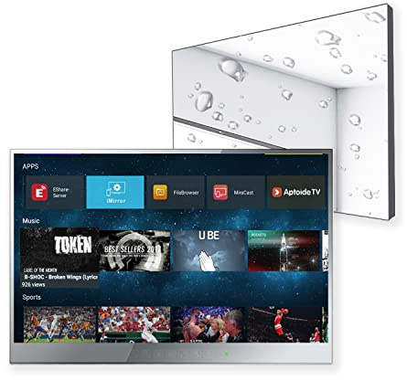 22 Inch Smart Mirror TV, IP65 Waterproof LED TV for Bathrooms and Hotels | 1080P Full HD Android 11 Smart TV with Bluetooth, Wi-Fi and Speakers, Supports Wall or Recessed Installation