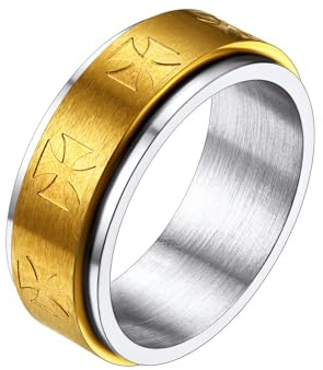 Richsteel Anillos de Cruz Ansiedad para Hombres, Anillos Banda Giratoria Fidget Anillos Anxiety Acero Oro Forma Cruces