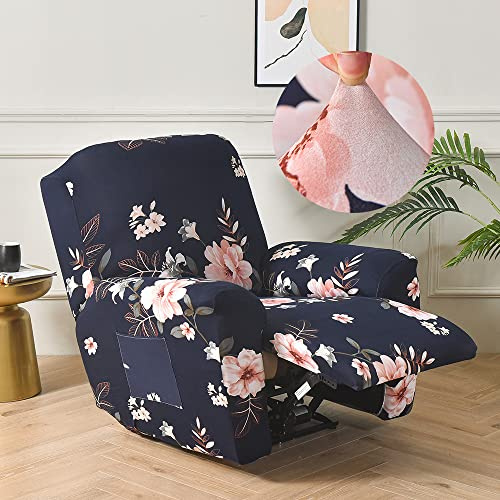 Highdi Stretchhusse für Relaxsessel Komplett Sesselschoner 4-teilige Modern Bedruckter Sesselbezug Stretch Relaxsessel Bezüge für Fernsehsessel, Recliner Sesse, Schaukelstuhl (Blau Geblümt)