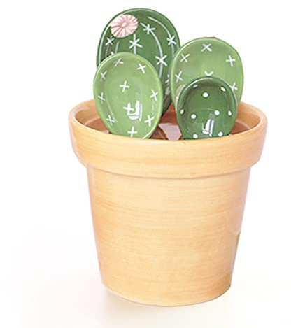 Ceramic Cactus Measuring Spoons Set in Pot Organizer, 5 Pieces Cute Measuring Cups and Spoons Set for Kitchen Dry Wet Measuring Liquid Food Salt and Sugar Kawaii Spoon with Base Cup (Green)