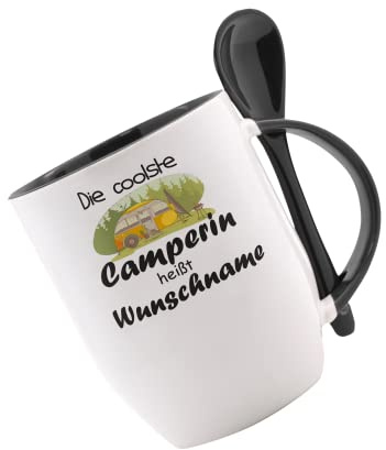 Tasse m. Löffel - Die Coolste Camperin heißt (Wunschname) - Löffeltasse, Kaffeetasse mit Motiv, Bürotasse, bedruckte Tasse mit Sprüchen, Tasse personalisiert