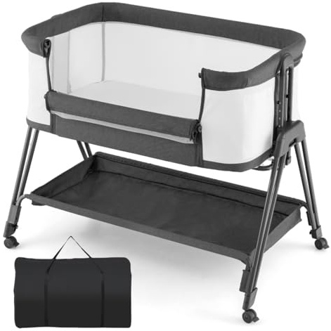 GYMAX Baby Bedside Crib, Foldable Infant Side Cot (Gray) | Carry Bag, Storage Basket Mattress and Wheels, Height Adjustable Toddler Co-Sleeping Bed