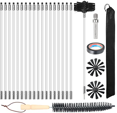 MaxEarn 24 Stk Kaminbürste Stange Set mit 18 Flexible Stangen 410 mm+ 2 Bürstenköpfen 150mm + 1 Lange Holzbürste + Zubehör, Schornstein Reinigungsbürsten Kit für Kamin/Abwasserrohr/Trockner Vent