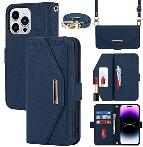 Cavor Case compatible with iPhone 14 Pro Max Phone Case With Strap,Crossbody Flip Leather Wallet Case,[5 Card Holder][Mirror][Magnetic],Lanyard Case Cover for women - Blue