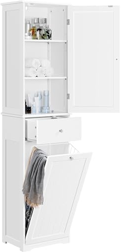 Yaheetech Tall Bathroom Cabinet with Laundry Basket, Tilt-Out Laundry Hamper with Upper Storage Cabinet, Narrow Storage Tower for Bathroom and Laundry, 180cm Height