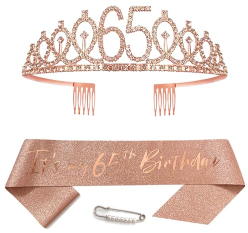 Écharpe or rose pour 65e anniversaire pour femme, couronne de princesse, diadème avec strass, décorations de fête d'anniversaire pour femme, fournitures de fête d'anniversaire de 65 ans