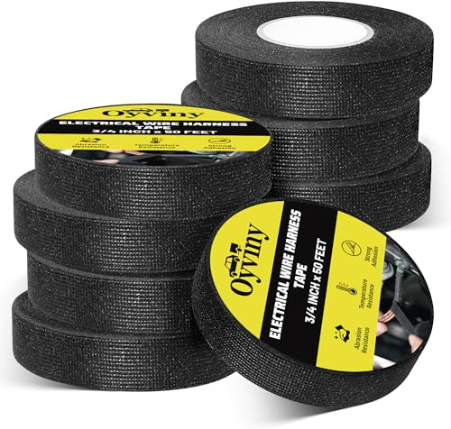 Oyviny Wire Harness Cloth Tape 3/4-Inch by 50-Foot (8 Rolls), Self-Adhesive Fabric Tape for Automotive Engine and Electrical Wiring Harness Noise Damping, High Temp Wire Loom Tape