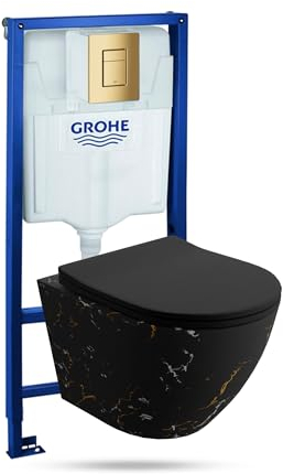 LAVITA | Élément mural Solido + WC suspendu mural Sofi Slim Fire noir sans bord + abattant WC SoftClose | Bouton doré | Kit complet | Réservoir de chasse encastré | Kit complet | WC complet |