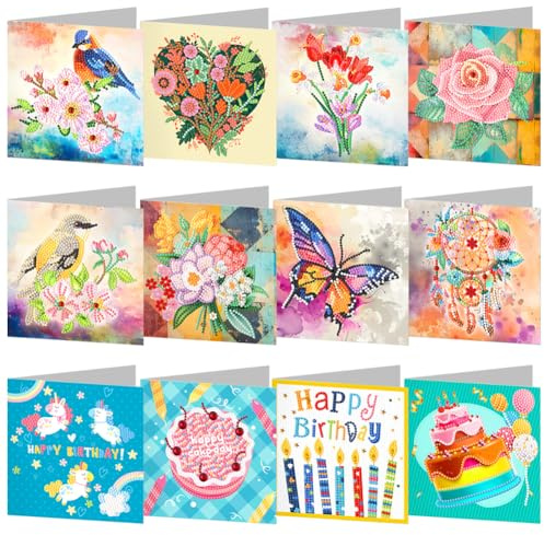 Demiawaking 12Pcs DIY 5D Diamond Painting Grußkarte Diamant Malerei Karten Geburtstag Karte Weihnachtskarte Geschenkkarte mit Umschlag fuer Weihnachten Thanksgiving