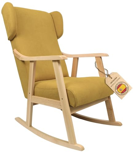 ECO SILLA Y DESCANSO® Mecedora Orejera Mod. Torino. Sillon, balancin, Mecedora Especial Lactancia, Antimanchas, Madera Haya Maciza. Fabricado en España. (Mostaza/Natural)