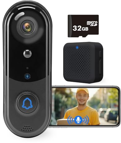 1080P Video Doorbell Camera with 32 GB SD Card, Wireless Doorbell Camera Outdoor, No Monthly Fee, indoor chime, 2.4G WiFi, IP65 Waterproof, Night Vision, Ai Human Detection, SD Card/Cloud Storage (J1)