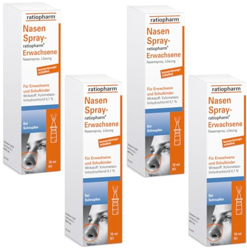 NasenSpray ratiopharm für Erwachsene Sparset 4x10 ml abschwellendes Nasenspray bei Schnupfen und Nasennebenhöhlenentzündungen mit Xylometazolin 0,1% | abschwellendes Nasenspray, bei Schnupfen und Nasennebenhöhlenentzündungen, mit Xylometazolin 0,1%
