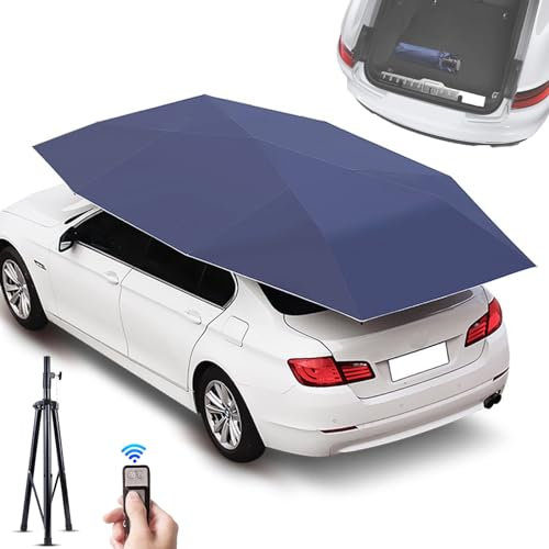 Abri De Voiture Pliable Automatique avec Télécommande, Parapluie De Voiture électrique Rechargeable pour Isolation Thermique/Pare-Soleil/Résistant à La Pluie,1 Support Télescopique,Blue-4.8m