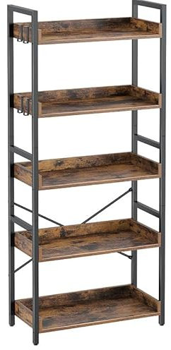 Rolanstar Regal, Bücherregal, Standregal, mit 5 Ebenen & 4 Haken, Holzregal mit Kantenschutz & offenes Regal, Standregal im Industriestil für Wohnzimmer, Schlafzimmer, Büro, 30 x 60 x 144cm
