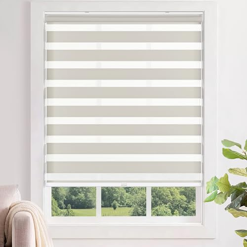 LazBlinds No Tools No Drill Cordless Zebra Blinds for Windows, Dual Layer Light Control for Day and Night, Light Filtering Privacy Roller Blinds and Shades for Home, 35 W x 72 H, Stone Grey