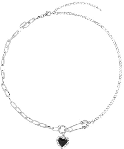 Niaspi Collana girocollo da donna con ciondolo a forma di cuore nero, con zirconia cubica, con spilla di sicurezza a forma di cuore, regolabile, catena a maglia asimmetrica, delicata ed elegante