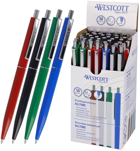 Westcott Kugelschreiber ALLTIME Mix 50 Stück | Vorteilspack Druckkugelschreiber mit blauer Tinte | Strichstärke M mit X20 Standardmine | Dokumentenecht ISO 12757-2 | Stabiler Metallclip | E-737487 00