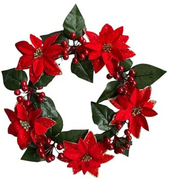 Ghirlanda Natalizia con Poinsettie Rosse, Foglie Verdi e Bacche Rosse, Ghirlanda di natale, Decorazione natalizia, Corona natalizia