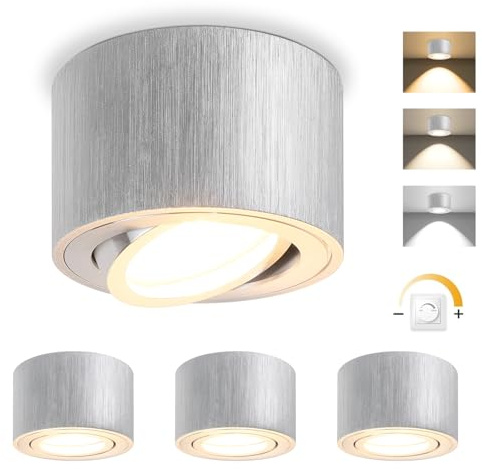 GeyouLux LED Aufbauspots Dimmbar, Ø80x50mm Deckenspot Alu Gebürstet 4 Stück | Extra Flach & 30° Schwenkbar, inkl. 5W 500LM LED Modul 230V, 3000K/4000K/6500K Aufbauleuchte Aufputz Spots Aufbaustrahler