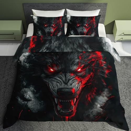Generisch Wolf Deko - Wolf Bettwäsche 200x220 Winter, Tiermotiv Bettbezug 3teilig mit 2 Kissenbezug 80x80, Weiche Mikrofaser Winterbettwäsche mit Reißverschluss Q&*239