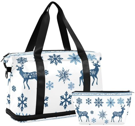 Tradizionale borsa da viaggio invernale nordico con fiocco di neve borsa da palestra borsa a tracolla Weekend Tote con borsa da toilette per yoga pieghevole, tradizionale fiocco di neve invernale