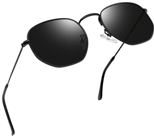 Joopin Modische Polygon Sonnenbrille Damen Polarisiert Leichter Metallrahmen Sonnenbrille Herren Runde Verspiegelt Sunglasses Woman Men mit UV-Schutz (Schwarz)