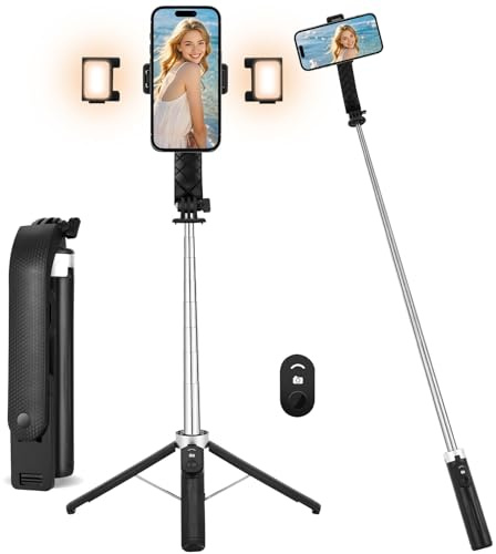 Vemfay 105CM Treppiede Smartphone con 2 Luci di Riempimento, Selfie Stick Estensibile con Telecomando Wireless Compatibile con iPhone/Samsung GoPro