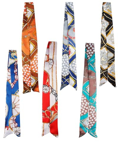 Notoke 7 Stück Seidenschal Seidentuch Damen, Satin Ribbon Seidentücher Scarf, Griff Wickel Bandana, Handtasche Griff Tasche Band Schal Haartuch, Gemischtes Design, Dünne Lange Hals Schal