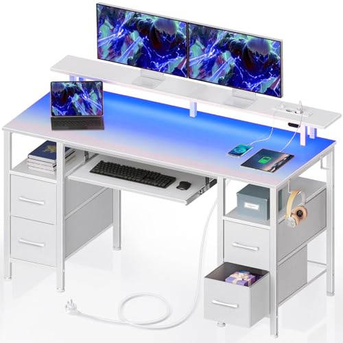 Seventable Scrivania con Cassetti LED, Postazione Gaming con 2 Prese di Corrente e 2 Porte di Ricarica USB, Scrivania Gaming con Supporto per Monitor & Vassoio per Tastiera per Ufficio(Bianco 120 cm)