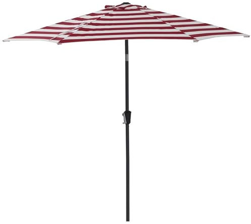 265 cm Neigbarer Boho-Strandschirm mit Handkurbel, Gestreifter Terrassenschirm für Balkon, Garten, Terrasse, Aluminiumstange, 6 Streben(Red)