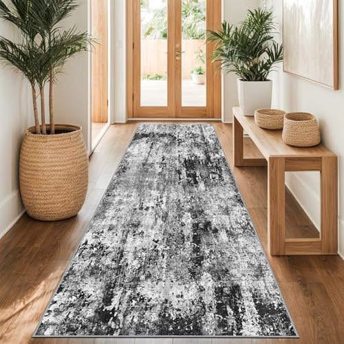 Capslpad Teppich Läufer Flur 80x300cm Schwarz Abstrakter Waschbar rutschfest Küchenläufer Teppich Modern Minimalistisch Kurzflor Kunstwolle Teppiche für Wohnzimmer Schlafzimmer