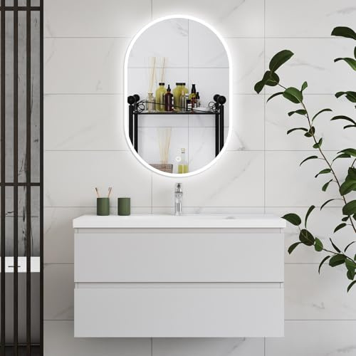 HAPAOSO Ensemble Meubles Salle de Bain 99cm cm Blanc - Vasque Céramique, 2 Tiroirs de Stockage, Miroir LED Ovale Dimmable