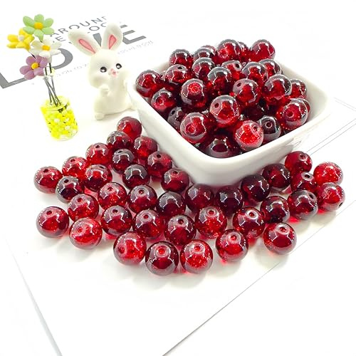100Pcs 10mm Crackle Glass Beads with 2mm Hole - Smooth Round Beads for Bracelet Making, Jewellery Crafting Supplies for Necklaces, Earrings DIY (Crimson red)