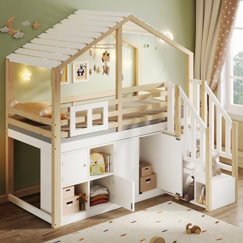 ZIDEY Hochbett 90x200, Kinderbett mit Stauraum Treppe&Schließfächer&Fenster, Montessori Hausbett mit Zaun, Bettgestell, Holzbett,Ohne Matratze