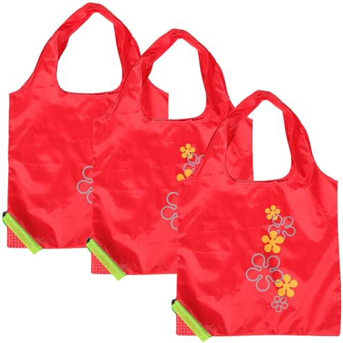 DEARMAMY 3 Stück Faltbare Einkaufstaschen aus Polyester im Erdbeer design Wiederverwendbar Leicht Kompakt mit Zugband Umweltfreundliche Tragetaschen für Damen für Einkaufen und