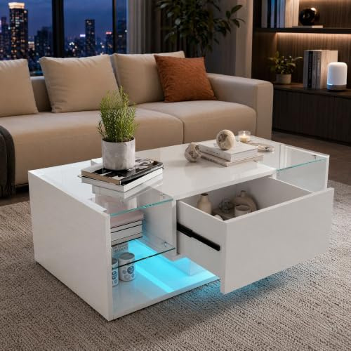 Tavolino da salotto lucido a LED, tavolino quadrato con 4 ripiani in vetro e cassetto portaoggetti, tavolo da salotto moderno, sospeso da nordico tavolini per soggiorno/camera da letto (bianco, 100 x