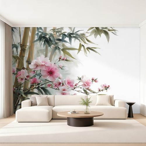 Générique Papier Peint Panoramique Fleurs de Cerisier, Papier Peint Japonais Bambou Fond pour Chambre Wallpaper, Fresque Murale pour Salon Salle Deco Murale, 250x175cm D&O115